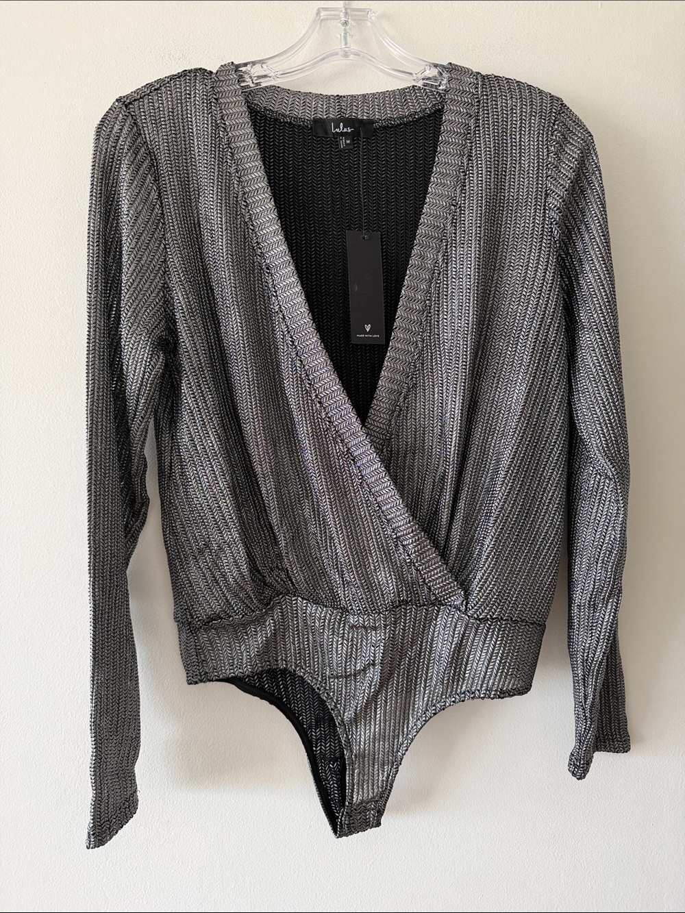 Silver Metallic Herringbone Long Sleeve Surplice Bodysuit Lulus Size Medium NWT